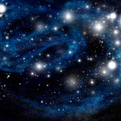 A vibrant cosmic scene showing a swirling blue nebula with bright stars scattered across the dark space background.