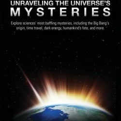 A glowing sunrise over Earth from space with text about exploring the universe's mysteries.