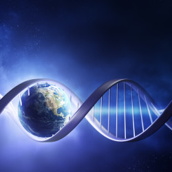 A glowing DNA double helix stretches across space with Earth nestled inside one loop, symbolizing the connection between genetics and our planet.