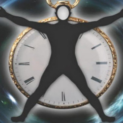 A silhouette of a person with a clock face behind them, symbolizing the concept of time and human existence.