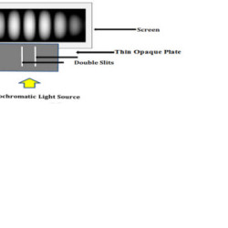 Diagram of a double slit experiment setup showing a monochromatic light source, double slit, and interference pattern on a screen.