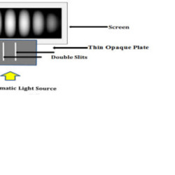 Diagram of a double-slit experiment setup with light source, thin opaque plate, double slits, and screen.