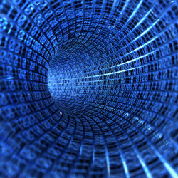 A digital tunnel formed by cascading blue binary code creating a futuristic data flow effect.