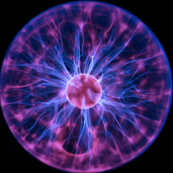 A glowing plasma globe with electric arcs radiating from the center in purple and blue hues.