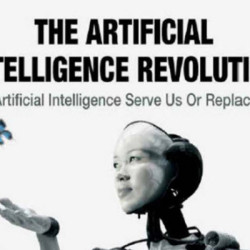 A humanoid robot with an extended hand under the text 'The Artificial Intelligence Revolution' questioning AI's role in serving or replacing humans.