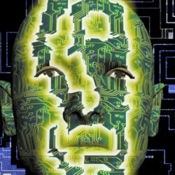 A glowing green digital face composed of circuit board patterns on a dark, tech-themed background.