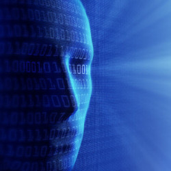 Digital face composed of binary code, symbolizing artificial intelligence and data processing in a blue-toned futuristic design.