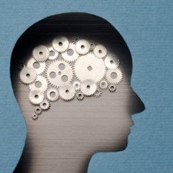 Silhouette of a human head filled with interconnected gears representing thinking and mental processes.