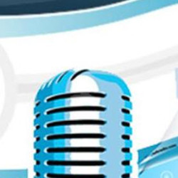 A stylized blue and white vintage microphone with musical notes in the background.