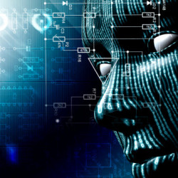 Digital illustration of a human face composed of blue lines and circuitry patterns, symbolizing artificial intelligence and technology.