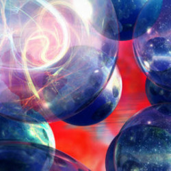 Close-up of translucent marbles with swirling colors against a vibrant red background.