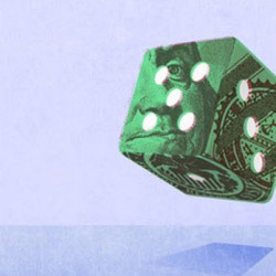 A green translucent die with white pips floating above a reflective surface against a light blue background.