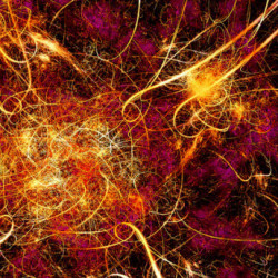 Abstract digital artwork featuring swirling golden and orange lines against a dark purple and black background.