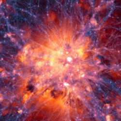 A vibrant cosmic explosion with bright orange and red hues surrounded by a dark purple and blue starry background.