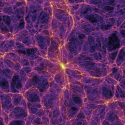 A visualization of cosmic web structure showing interconnected filaments and dense clusters of galaxies in space.