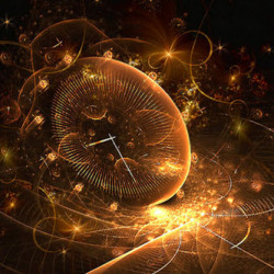 A surreal, glowing clock surrounded by swirling golden particles and abstract light patterns in a dark background.