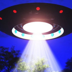 A bright UFO hovering in the night sky, shining a beam of light down onto trees below.