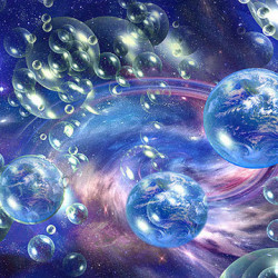 Abstract cosmic scene with transparent spheres floating against a colorful galaxy backdrop.