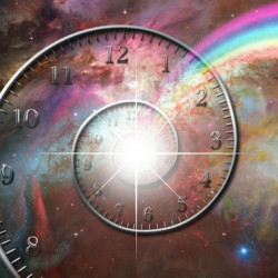 A cosmic spiral clock with a bright center, blending space and time elements with a rainbow arc.