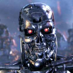 A menacing metallic robot with glowing red eyes, resembling a futuristic terminator in a dark, smoky environment.