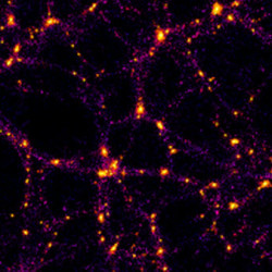 A colorful simulation of cosmic web structure showing galaxies and dark matter distribution in the universe.