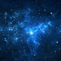 A vivid blue cosmic scene showing a bright star surrounded by glowing nebulae and countless distant stars.