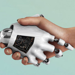 A human hand holding a robotic hand with visible mechanical and circuit details, symbolizing human-robot interaction.
