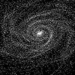 A detailed spiral galaxy with a bright core and swirling arms filled with countless stars against a dark background.