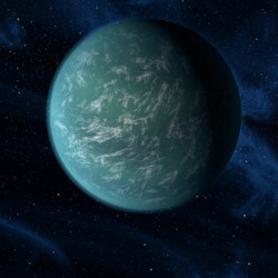 A detailed depiction of a blue-green planet with clouds, set against a starry space background.