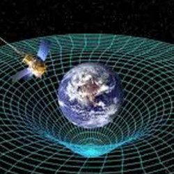 Visualization of Earth's gravity warping spacetime with a satellite orbiting around it.