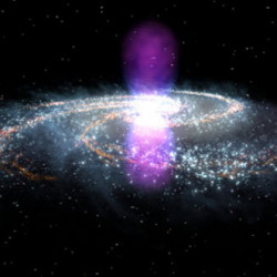 A spiral galaxy with bright purple jets emitting from its center against a star-filled cosmic background.
