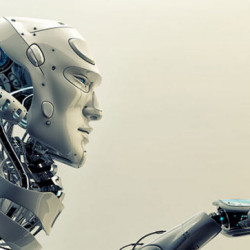 A detailed side view of a futuristic humanoid robot with intricate mechanical components against a plain background.