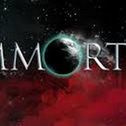 A dark cosmic-themed image with the word "IMMORTAL" featuring a planet as the letter "O".