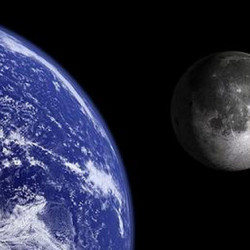 A view of Earth and the Moon against the blackness of space, showing Earth's blue oceans and white clouds.