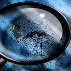Close-up of a fingerprint being examined under a magnifying glass with a blue-toned background.