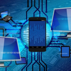A digital representation of technology with a smartphone, tablet, and laptop connected by circuits and data streams.