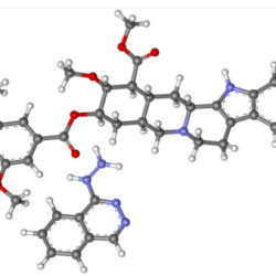 Molecular structure model showing atoms and bonds, with carbon, oxygen, and nitrogen atoms in a complex organic compound.