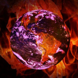 A fiery image of Earth with flames surrounding it, highlighting the continents in vivid purple and orange tones.