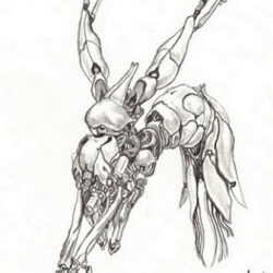 Detailed sketch of a mechanical rabbit with intricate robotic limbs and wings in a dynamic pose.