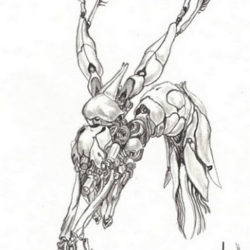 A detailed pencil sketch of a dynamic humanoid robotic figure in an action pose.