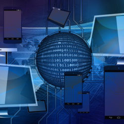 A digital globe surrounded by floating smartphones and computer screens with binary code and circuit board background.
