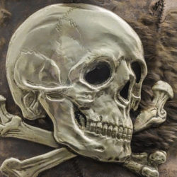 Close-up of a detailed human skull and crossed bones on a textured surface.