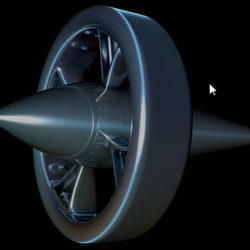 A futuristic, sleek turbine engine with a conical front and illuminated blue accents in a dark setting.
