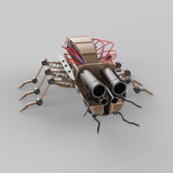 A mechanical insect with metal legs and two large barrel-shaped eyes resembling gun barrels.