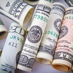 Close-up of rolled U.S. dollar bills showing various denominations and security features.