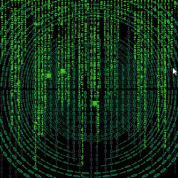 Green digital code raining down on a black background, forming a circular pattern resembling the Matrix movie style.