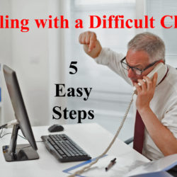 Frustrated man on phone struggling with a difficult client, surrounded by office equipment, emphasizing 5 easy steps to manage challenges.