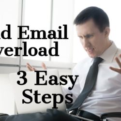 A frustrated man in an office setting with text about ending email overload in 3 easy steps.