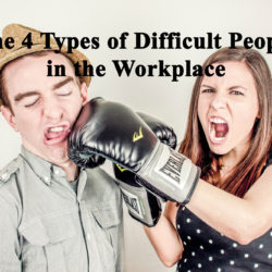A woman wearing a boxing glove punches a man, illustrating the concept of difficult people in the workplace.