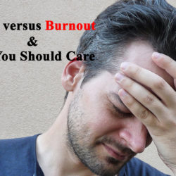 A stressed man holding his forehead with text about burnout and care on the left side.
